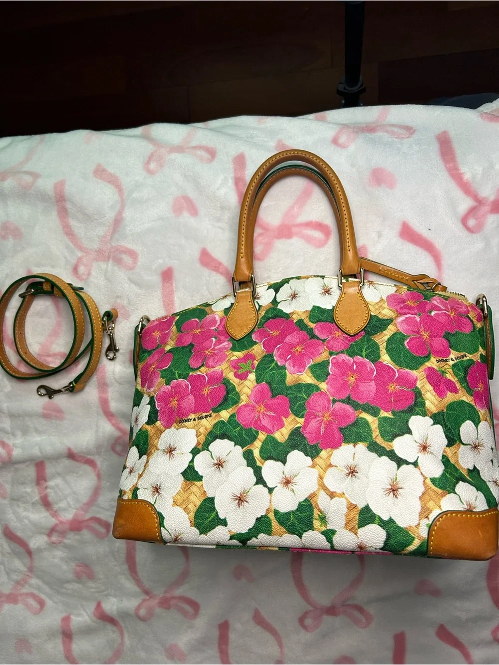 Dooney & Bourke Pink, White & Green Floral Satchel with Tan Trim